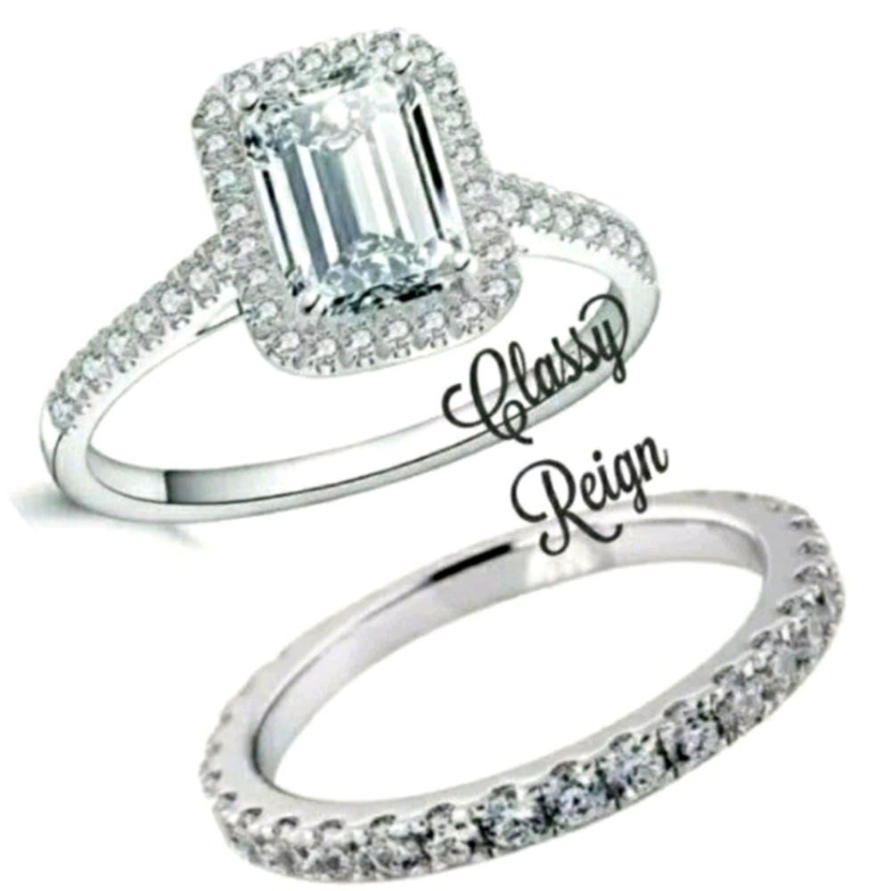 Emerald cut Hallo Diamond Simulate ring set